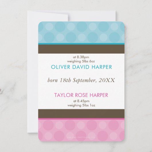 フォトツインズ生誕発表可愛い男の子+女の子 案内状 (裏面)