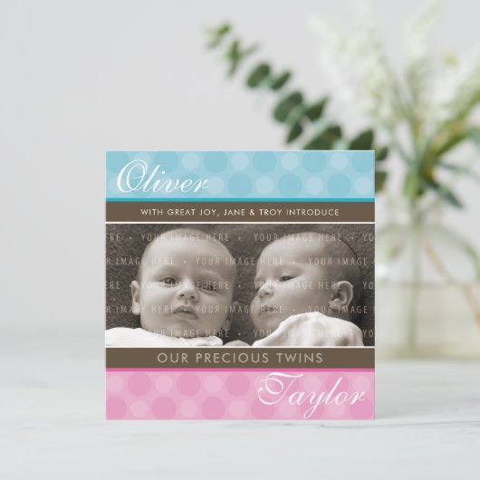 フォトツインズ生誕発表可愛い男の子+女の子 案内状 (スタンド正面)