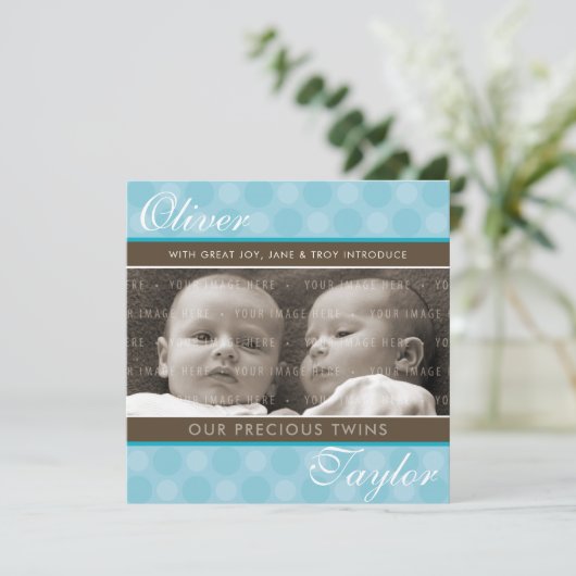 フォトツインズ誕生のお知らせ可愛い男の子ブルー 案内状 (スタンド正面)