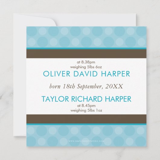 フォトツインズ誕生のお知らせ可愛い男の子ブルー 案内状 (裏面)