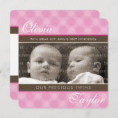 フォトツイン出産発表かわいい女の子ピンク 案内状 (正面/裏面)