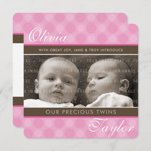 フォトツイン出産発表かわいい女の子ピンク 案内状 (正面/裏面)