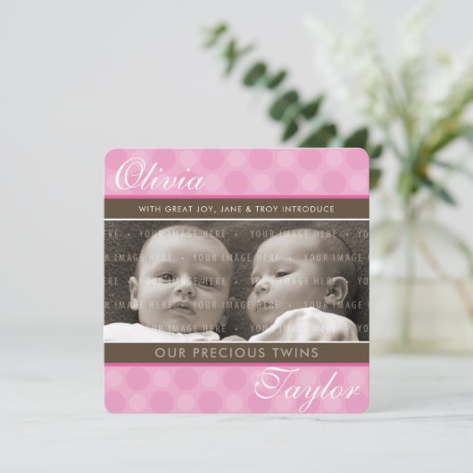 フォトツイン出産発表かわいい女の子ピンク 案内状 (スタンド正面)