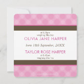 フォトツイン出産発表かわいい女の子ピンク 案内状 (裏面)