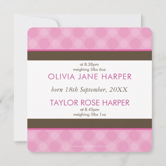 フォトツイン出産発表かわいい女の子ピンク 案内状 (裏面)