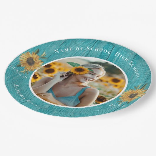 フォトティール（緑がかった色）ひまわり黄色の卒業式パーティー ペーパープレート (アングル)