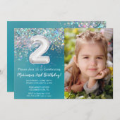 フォトティール（緑がかった色）シルバーグリッター第2誕生日 招待状 (正面/裏面)