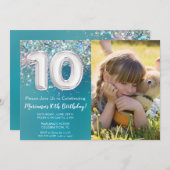 フォトティール（緑がかった色）シルバーグリッター10誕生日 招待状 (正面/裏面)