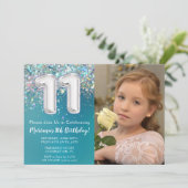 フォトティール(緑がかった色)シルバーグリッター11誕生日 招待状 (スタンド正面)
