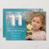フォトティール(緑がかった色)シルバーグリッター11誕生日 招待状 (正面/裏面)