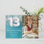 フォトティール（緑がかった色）シルバーグリッター13誕生日 招待状 (スタンド正面)