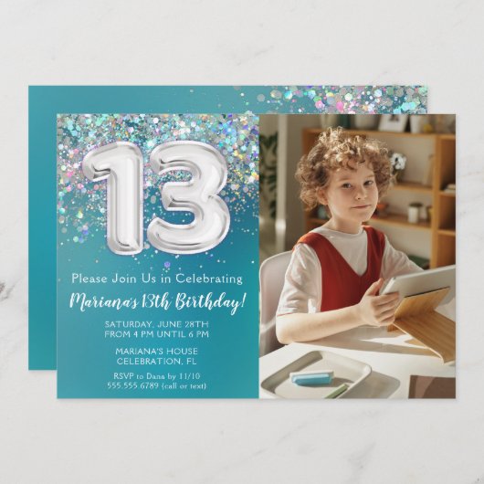 フォトティール(緑がかった色)シルバーグリッター13誕生日 招待状 (正面/裏面)
