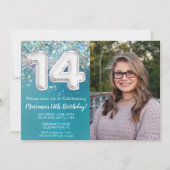 フォトティール（緑がかった色）シルバーグリッター14誕生日 招待状 (正面)