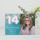 フォトティール（緑がかった色）シルバーグリッター14誕生日 招待状 (スタンド正面)