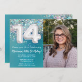 フォトティール（緑がかった色）シルバーグリッター14誕生日 招待状 (正面/裏面)