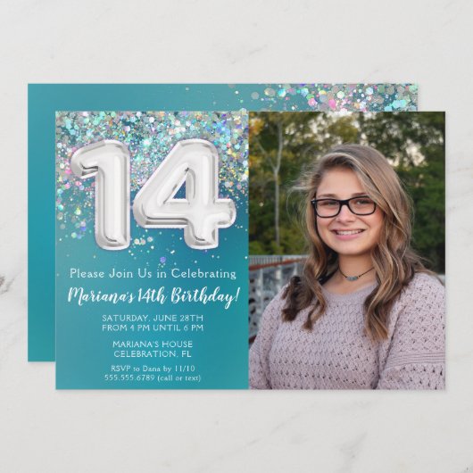 フォトティール（緑がかった色）シルバーグリッター14誕生日 招待状 (正面/裏面)
