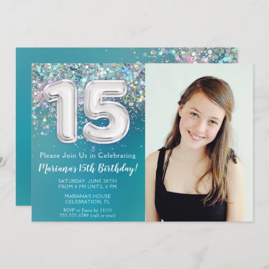 フォトティール（緑がかった色）シルバーグリッター15thバースデーパーティー 招待状 (正面/裏面)