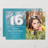 フォトティール（緑がかった色）シルバーグリッター16誕生日 招待状 (正面/裏面)