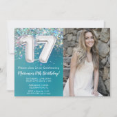 フォトティール（緑がかった色）シルバーグリッター17誕生日 招待状 (正面)