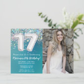 フォトティール(緑がかった色)シルバーグリッター17誕生日 招待状 (スタンド正面)