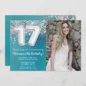 フォトティール(緑がかった色)シルバーグリッター17誕生日 招待状 (正面/裏面)