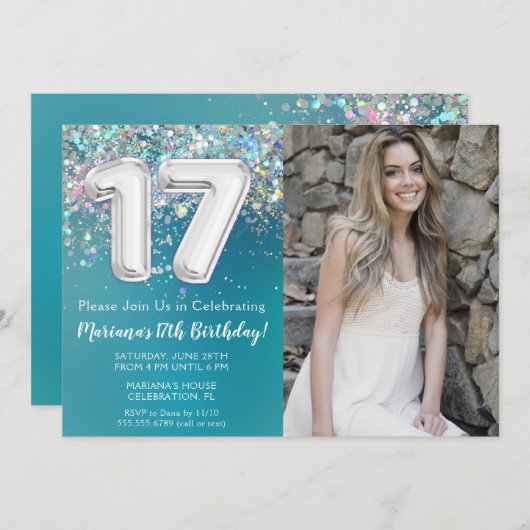 フォトティール(緑がかった色)シルバーグリッター17誕生日 招待状 (正面/裏面)