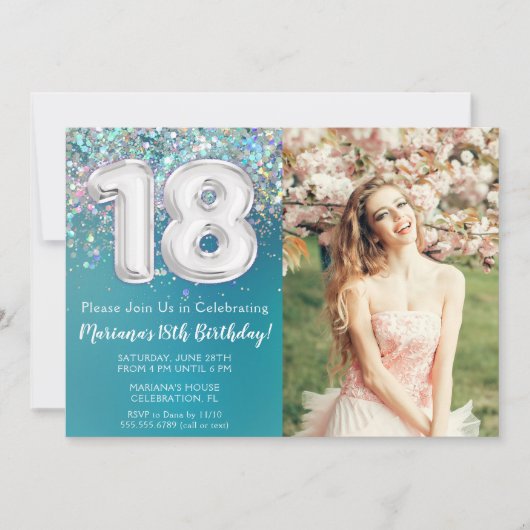 フォトティール（緑がかった色）シルバーグリッター18誕生日 招待状 (正面)