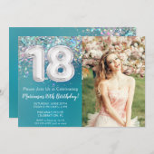 フォトティール（緑がかった色）シルバーグリッター18誕生日 招待状 (正面/裏面)