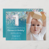 フォトティール(緑がかった色)シルバーグリッター1st誕生日パーティー 招待状 (正面/裏面)