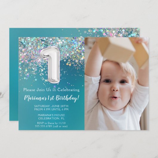 フォトティール(緑がかった色)シルバーグリッター1st誕生日パーティー 招待状 (正面/裏面)