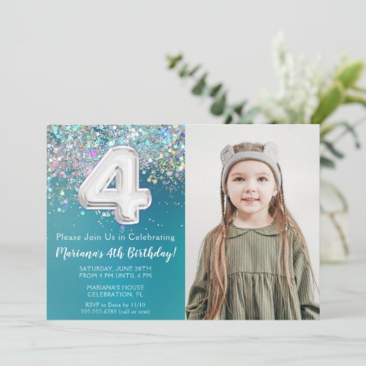 フォトティール（緑がかった色）シルバーグリッター4th誕生日招待状 招待状 (スタンド正面)