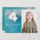 フォトティール(緑がかった色)シルバーグリッター4th誕生日招待状 招待状 (正面/裏面)