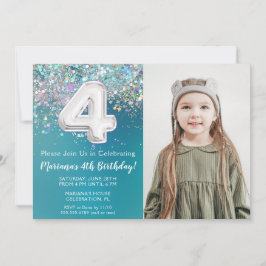 フォトティール(緑がかった色)シルバーグリッター4th誕生日招待状 招待状