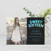 フォトティール（緑がかった色）ターコイズブラックバルーン甘い16 招待状 (スタンド正面)