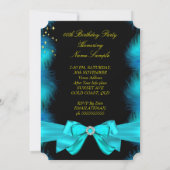 フォトティール(緑がかった色)ブルーフェザーズボウ金ゴールド誕生日パーティー 招待状 (裏面)