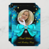 フォトティール(緑がかった色)ブルーフェザーズボウ金ゴールド誕生日パーティー 招待状 (正面/裏面)