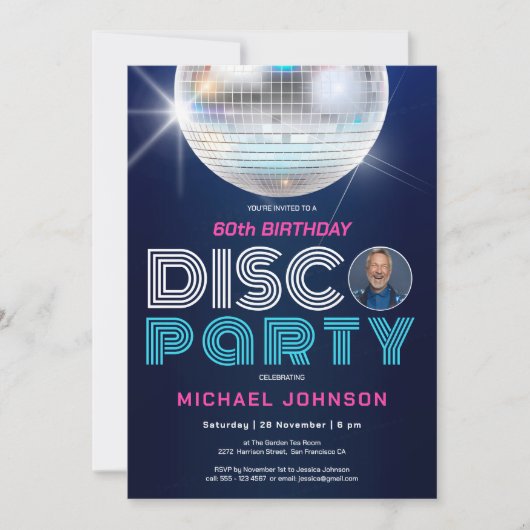 フォトディスコパーティーモダンおもしろいレトロ60誕生日 招待状 (正面)
