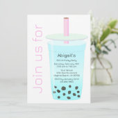 フォトトレンディーモダンピンクブルーボバティー誕生日 招待状 (スタンド正面)