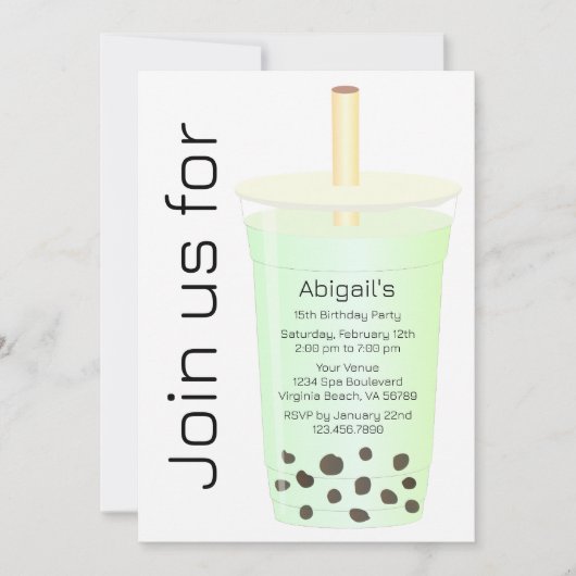 フォトトレンディーモダンライトグリーンボバティー誕生日 招待状 (正面)