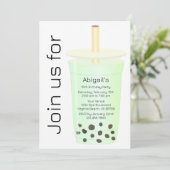 フォトトレンディーモダンライトグリーンボバティー誕生日 招待状 (スタンド正面)