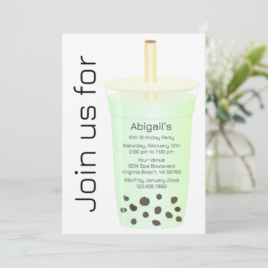 フォトトレンディーモダンライトグリーンボバティー誕生日 招待状 (スタンド正面)