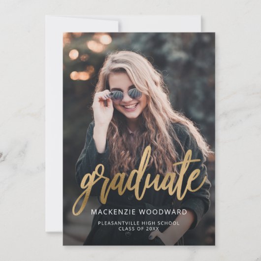 フォトトレンディー金ゴールドスクリプトの卒業発表 招待状 (正面)