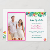 フォトトロピカルビーチベリーピンクティール（緑がかった色）ブルーフローラ セーブザデート (正面/裏面)