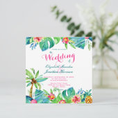 フォトトロピカルビーチ結婚式ピンクティール(緑がかった色)フローラ 招待状 (スタンド正面)