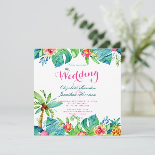 フォトトロピカルビーチ結婚式ピンクティール(緑がかった色)フローラ 招待状 (スタンド正面)