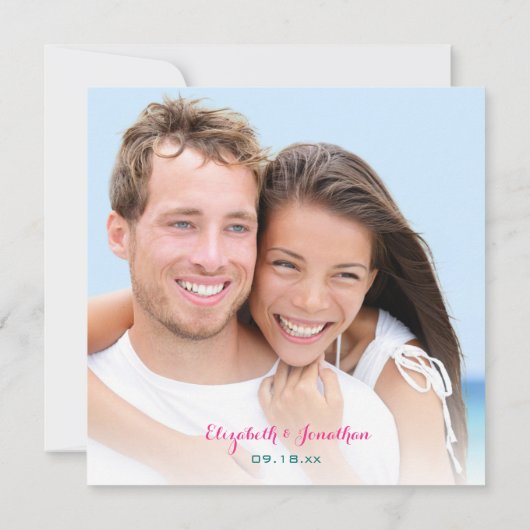 フォトトロピカルビーチ結婚式ピンクティール（緑がかった色）フローラ 招待状 (裏面)