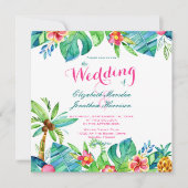 フォトトロピカルビーチ結婚式ピンクティール(緑がかった色)フローラ 招待状 (正面)