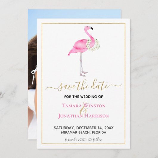 フォトトロピカルピンクフラミンゴマグノリアスビーチ セーブザデート (正面/裏面)