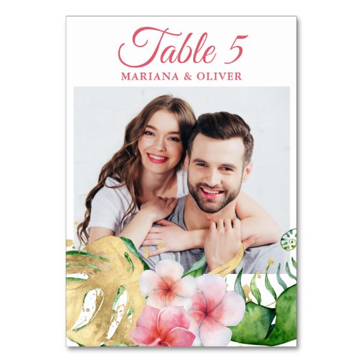 フォトトロピカルフラワーズパームズ金ゴールド結婚フローラ テーブルナンバー (正面)