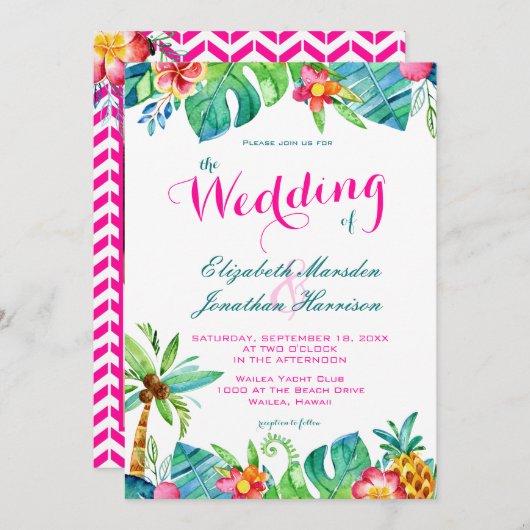 フォトトロピカルベリーピンクティール（緑がかった色）結婚フローラ 招待状 (正面/裏面)